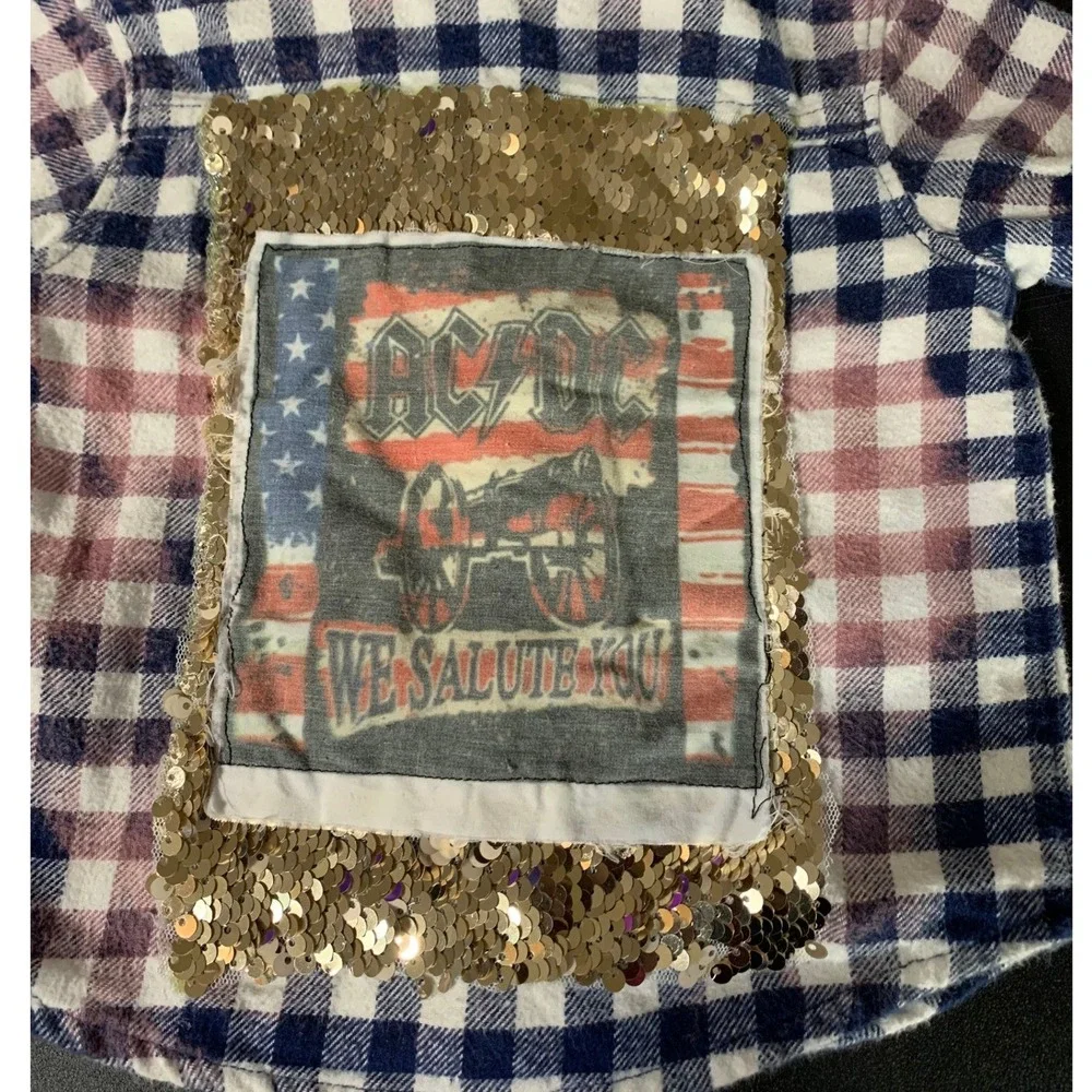 Kids Carter's Flannel AC/DC Sequins Patch Long Sleeve Handmade 3 months